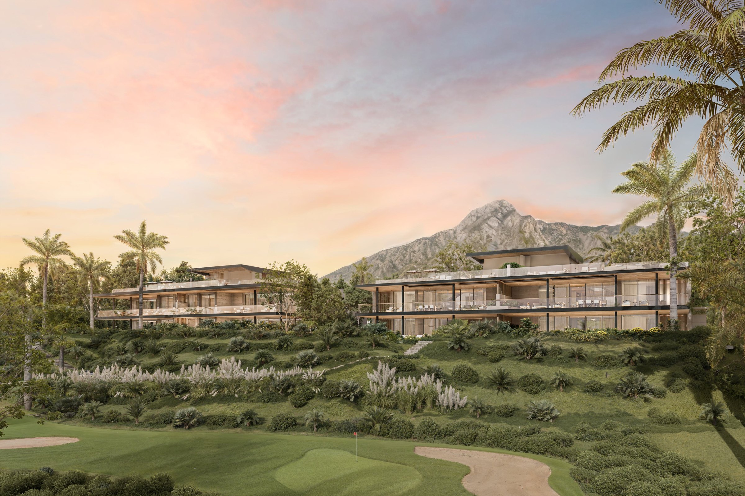 Armani Residences Marbella at dusk, set against Sierra Blanca above the Golden Mile