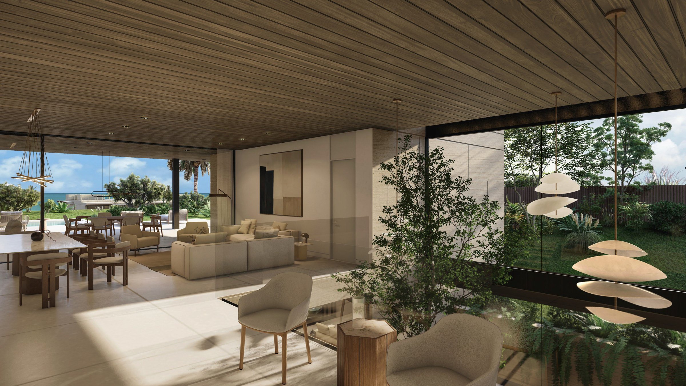 Open-plan Armani/Casa living and dining room opening to a private garden and sea view in Marbella